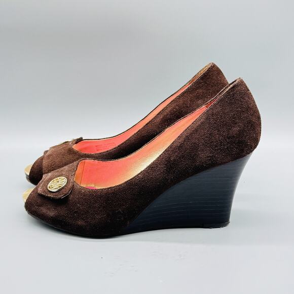 Lilly Pulitzer Shoes Womens 7 Brown Suede Wedge Peep Toe Leather Upper - Picture 5 of 12